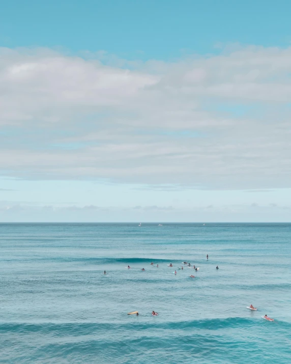 a group of people swimming in the ocean, ocean in the distance, standing on surfboards, blueish tones, unsplash photography