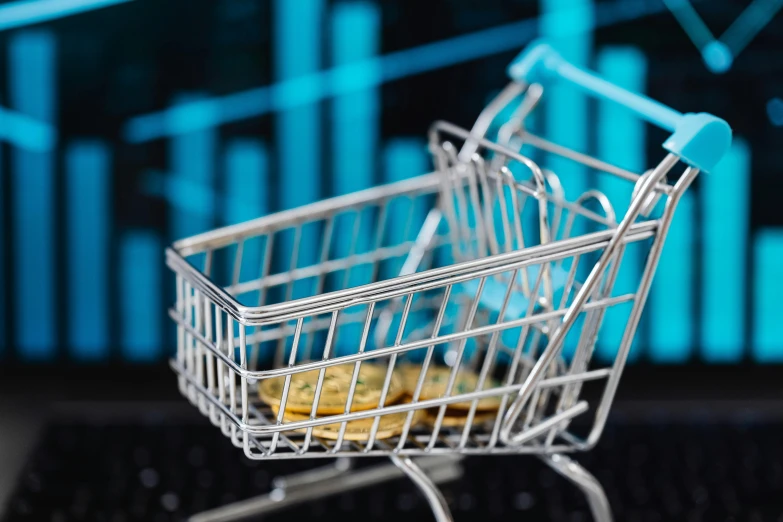 a shopping cart sitting on top of a computer keyboard, a digital rendering, by Adam Marczyński, cryptocurrency in the background, square, promo image, markets