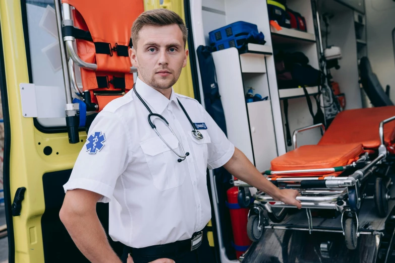 a man with a stethoscope standing in front of an ambulance, a portrait, by Adam Marczyński, shutterstock, white uniform, avatar image, instagram picture, portrait shot 8 k