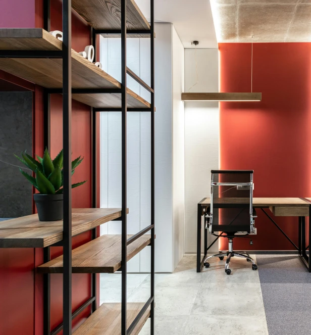 a room with a desk a chair and shelves, black and red colour palette, ultrastation hq, thumbnail, neo kyiv