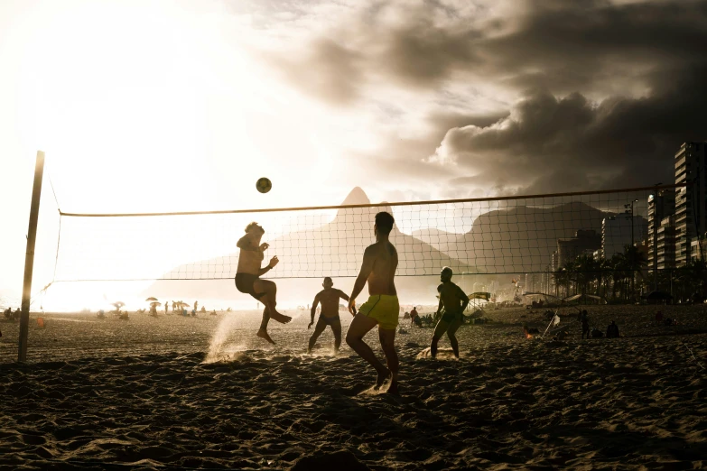 a group of people playing volleyball on a beach, by Tobias Stimmer, rio de janeiro, square, high-quality photo, atmospheric artwork