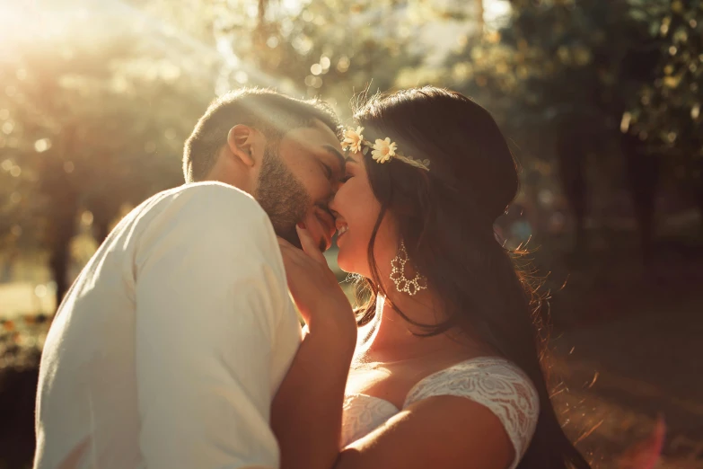 a man and a woman kissing in a park, pexels contest winner, romanticism, soft backlighting, avatar image, white, intricately