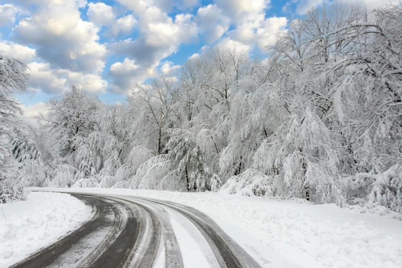 a snowy road in the middle of a forest, pexels contest winner, covered in ice, slide show, thumbnail, 8 k