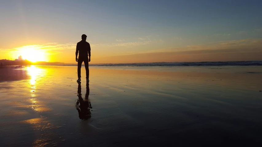 a person standing on a beach at sunset, tall man, reflecting, man, carson ellis