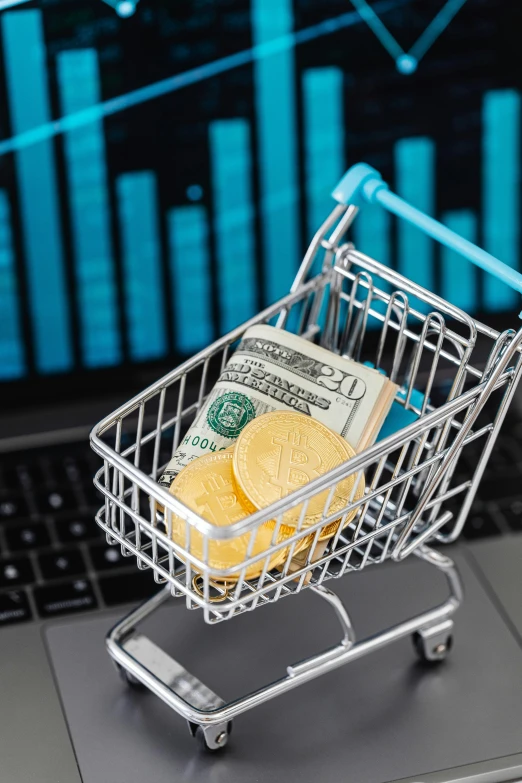a shopping cart sitting on top of a laptop computer, cryptocurrency, thumbnail, 8, charts