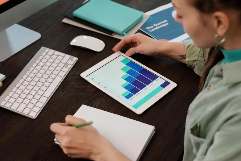 a woman sitting at a desk using a tablet computer, trending on unsplash, analytical art, brand colours are green and blue, waveforms on top of square chart, thumbnail, low quality photo