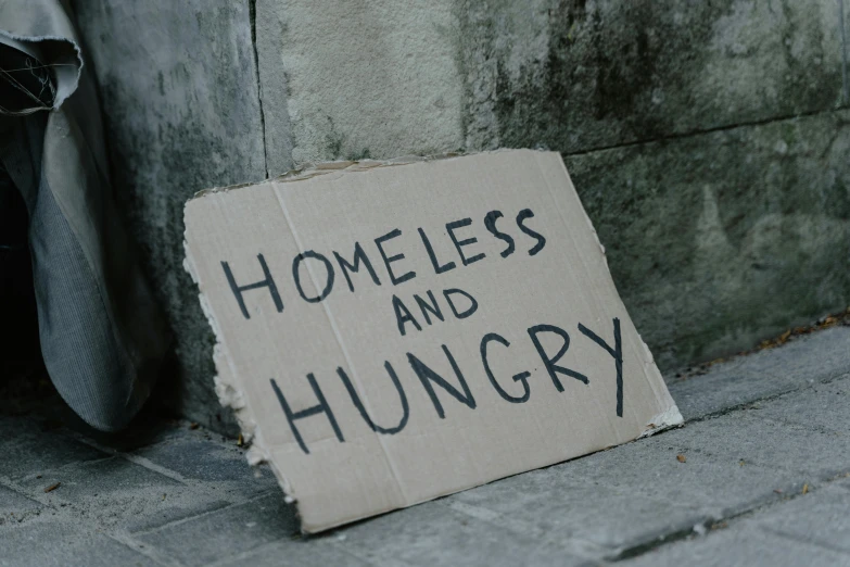 a cardboard sign that says homeless and hungry, pexels contest winner, renaissance, ad image, sustainable, thumbnail, 2000s photo