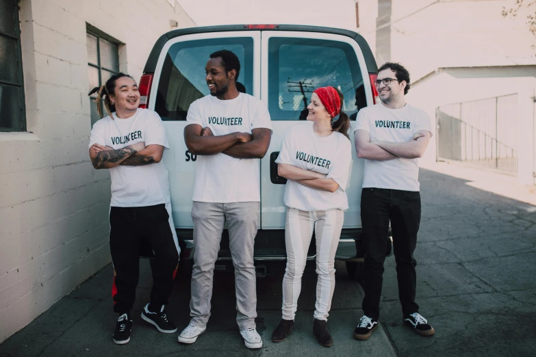 a group of people standing in front of a van, pexels contest winner, renaissance, dressed in a white t shirt, rex orange county, compassionate, backup vocalists