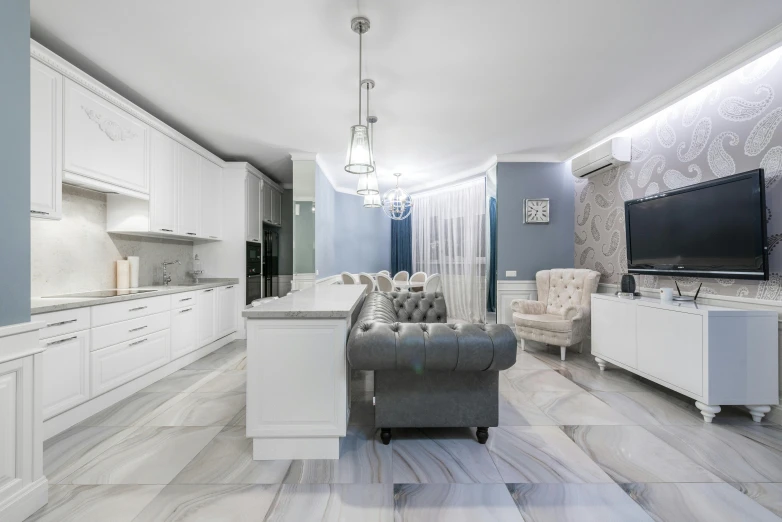 a living room filled with furniture and a flat screen tv, by Alexander Brook, unsplash contest winner, light and space, marble floors, white grey blue color palette, polish mansion kitchen, ekaterina