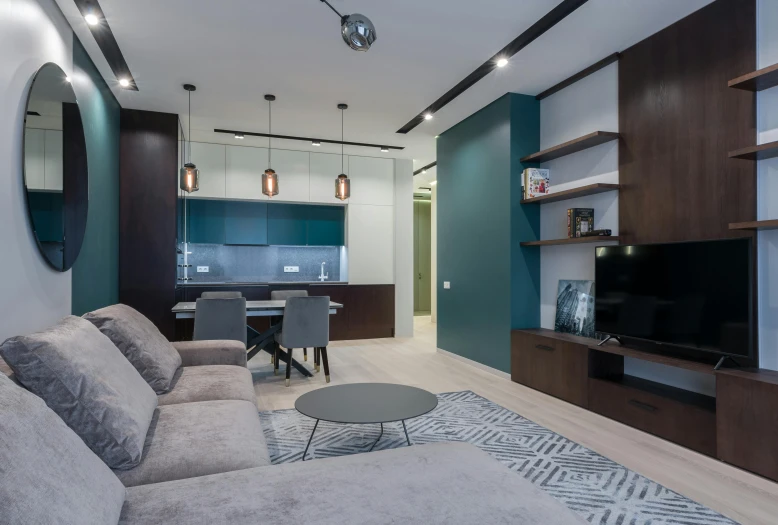 a living room filled with furniture and a flat screen tv, by Adam Marczyński, light and space, brown and cyan blue color scheme, apartments, 15081959 21121991 01012000 4k, open plan