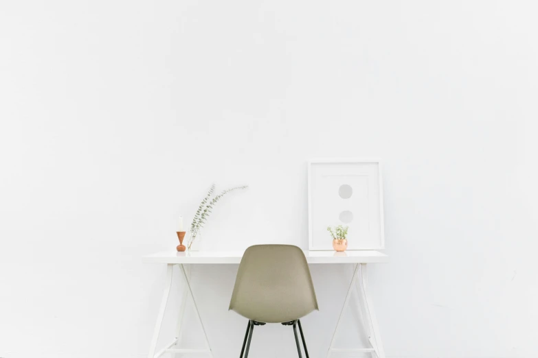 a chair sitting in front of a white desk, a minimalist painting, unsplash contest winner, isolated white background, portrait of small, avocado chair, simple structure