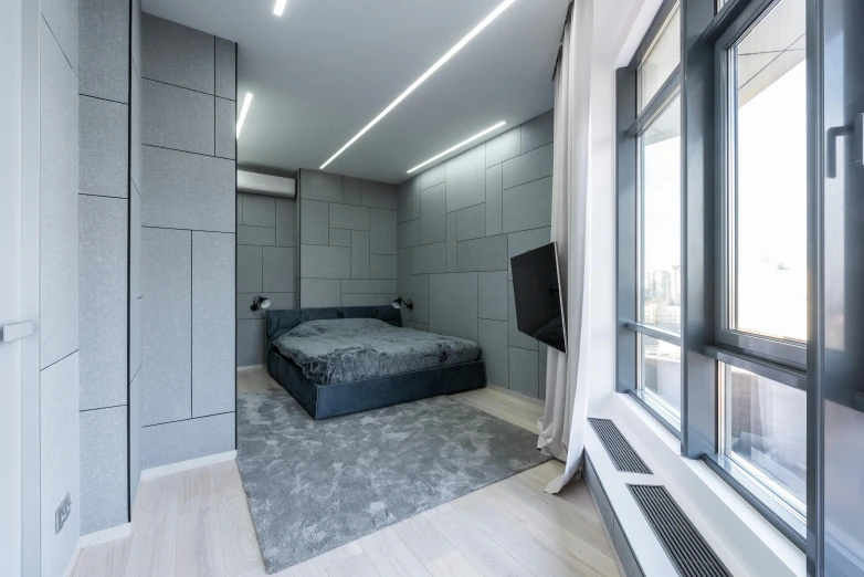 a bed sitting in a bedroom next to a window, a 3D render, by Adam Marczyński, light and space, dark grey carpet, 8k high quality, flat - color, angled