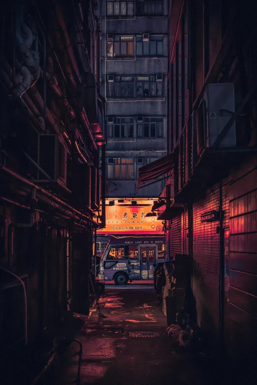 a dark alley with a building in the background, inspired by Liam Wong, unsplash contest winner, pixel art, small red lights, city like hong kong, early evening, dingy city street