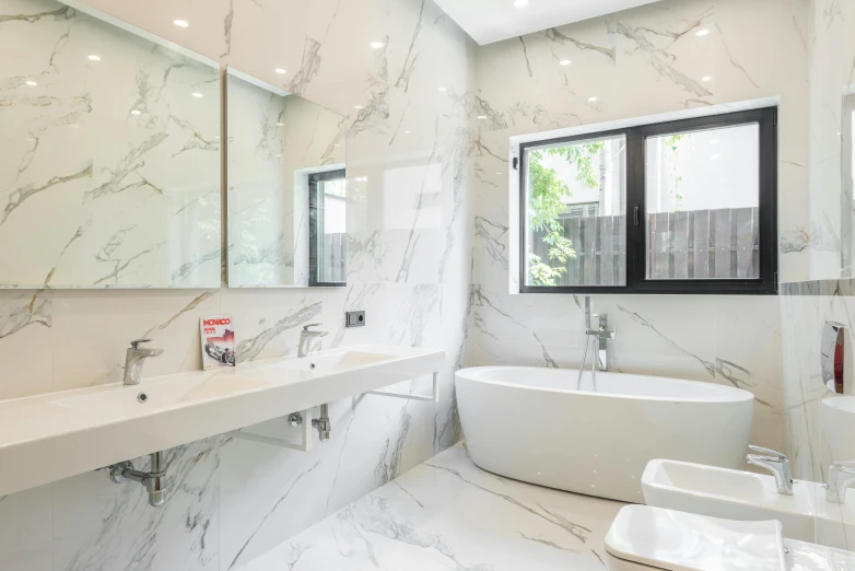 a bath room with a tub a sink and a mirror, by Will Ellis, unsplash, red and white marble panels, esher, exterior photography, realistic »