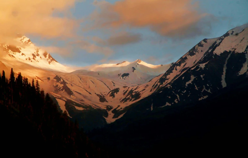 a snow covered mountain with pine trees in the foreground, by Muggur, hurufiyya, golden hour lighing, anton fadeev 8 k, alaska, conde nast traveler photo