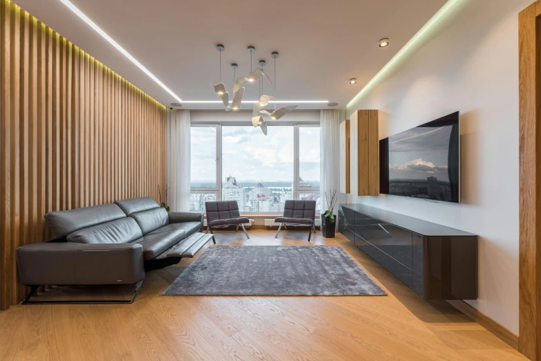 a living room filled with furniture and a flat screen tv, by Adam Marczyński, light and space, hr geiger design, led lighting, city view, ultra - quality