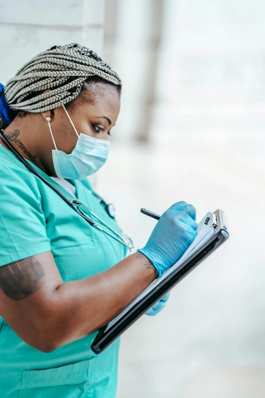 a nurse writing on a clipboard with a stethoscope, a picture, by Meredith Dillman, trending on pexels, happening, diverse, thumbnail, medical mask, looking off to the side