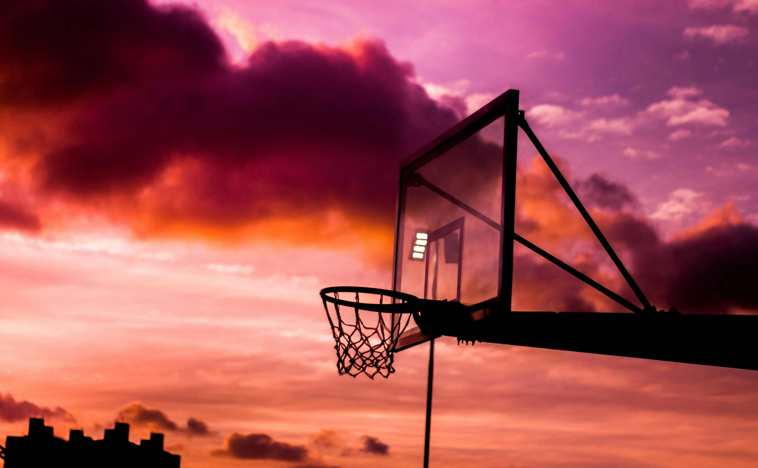 a basketball hoop with a sunset in the background, by Matija Jama, pexels contest winner, purple and pink, instagram post, hyperdetailed, 4 k hd wallpapear