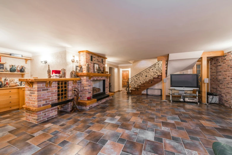 a living room filled with furniture and a brick fireplace, an album cover, featured on reddit, tiled floor, look down a cellar staircase, ultra realistic 8k octan photo, 2 5 6 x 2 5 6 pixels