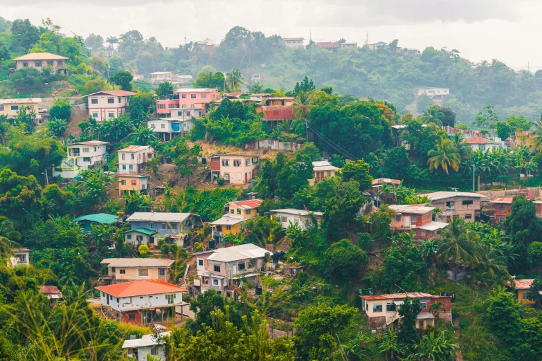 a group of houses sitting on top of a lush green hillside, jamaican vibe, multicoloured, transparent, header