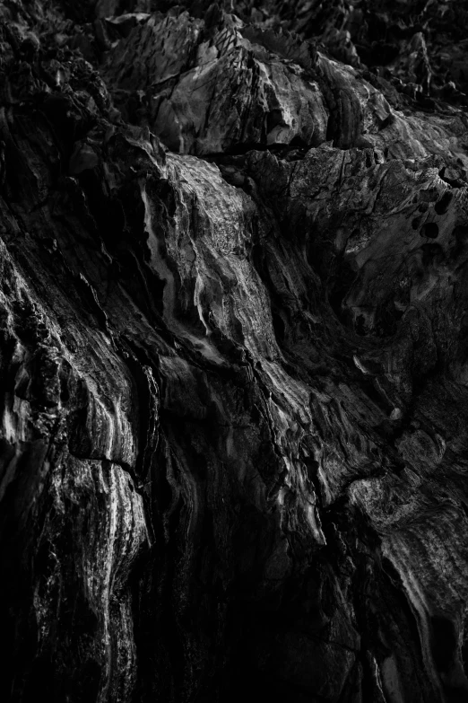a black and white photo of a rock face, by Peter Churcher, unsplash, lyrical abstraction, rotten wood, volcano texture, dark. no text, canyon