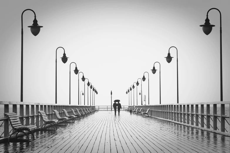 a person walking on a pier with an umbrella, by Joze Ciuha, lovers, no color, andrei riabovitchev symmetrical, 15081959 21121991 01012000 4k