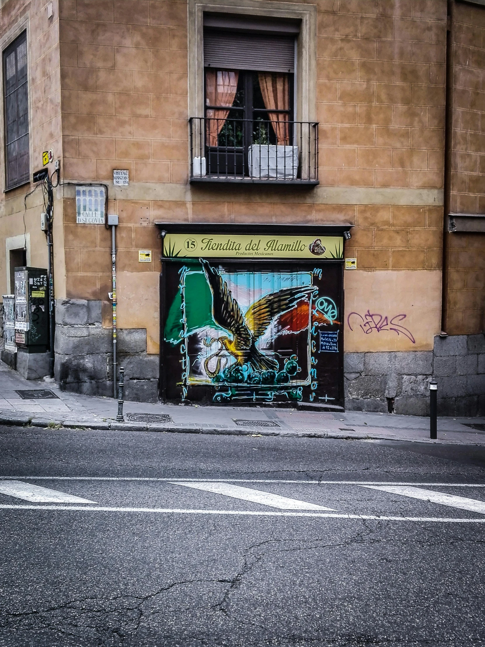 a red fire hydrant sitting on the side of a road, a picture, by Hirosada II, pexels contest winner, street art, eagles, colorful mural on walls, madrid, storefront