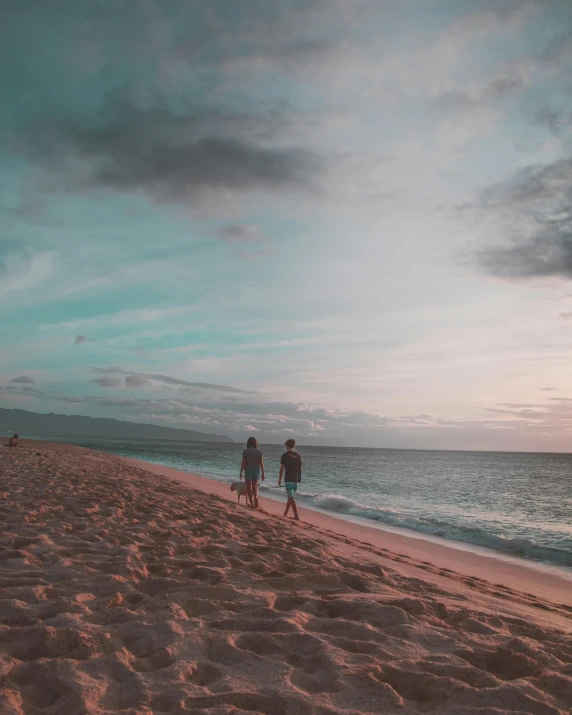 a couple of people walking on top of a sandy beach, by Robbie Trevino, pexels contest winner, lgbt, maui, nostalgic vibes, trending on vsco