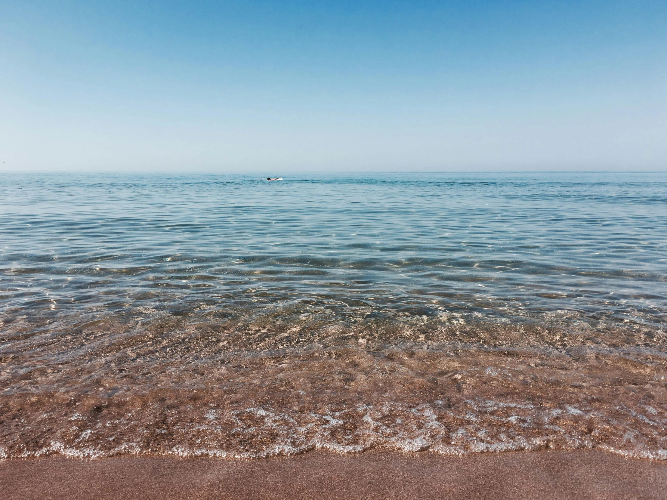 a large body of water sitting on top of a sandy beach, by Rachel Reckitt, unsplash, cloudless sky, red sea, maybe small waves, maple syrup sea