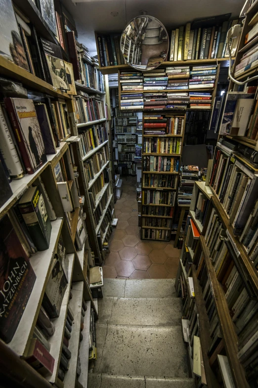 a narrow bookshelf filled with lots of books, an album cover, renaissance, les catacombes, thumbnail, wide high angle view, al - qadim