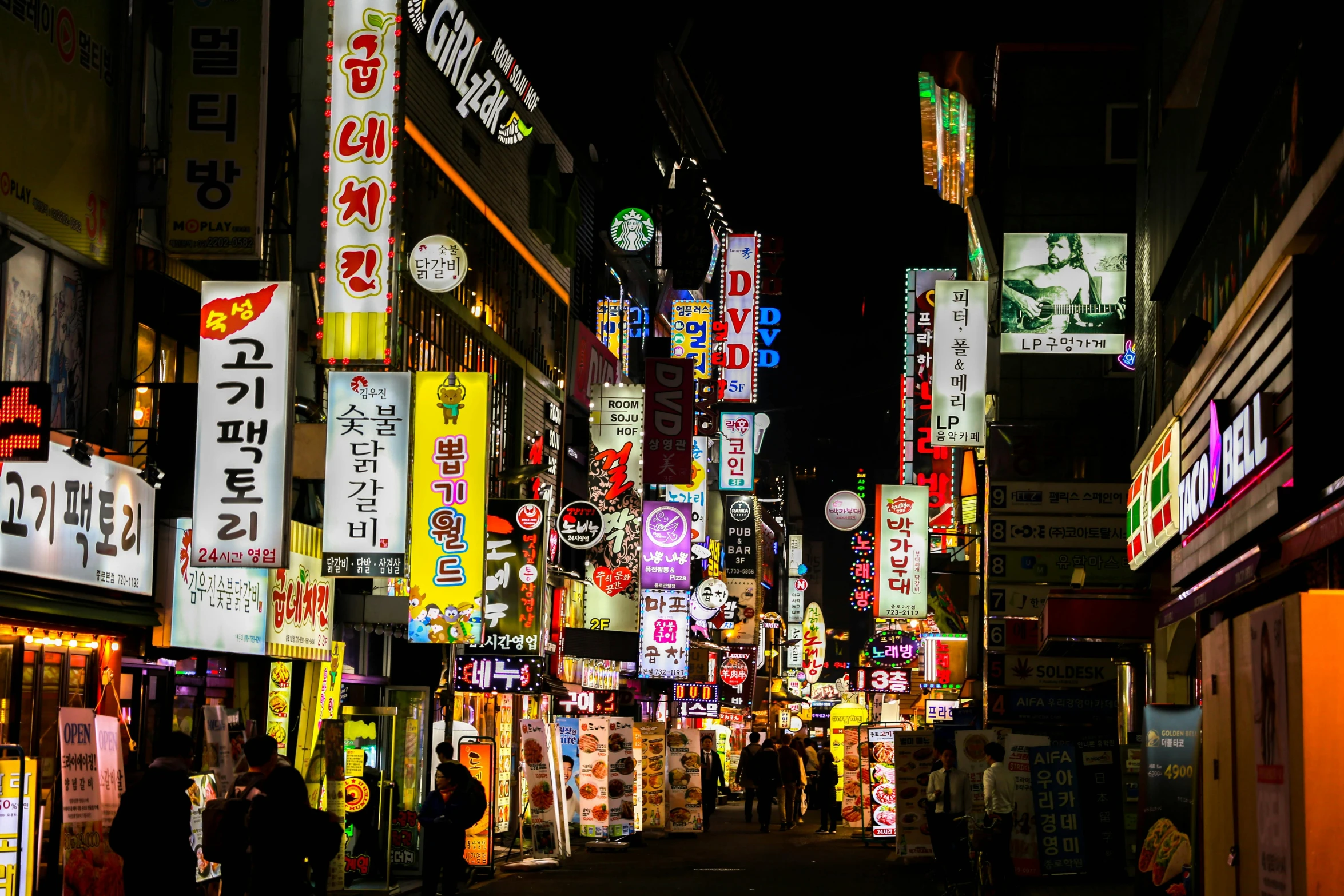 a city street filled with lots of neon signs, a picture, by Jang Seung-eop, pexels contest winner, square, korean writing, black, banner