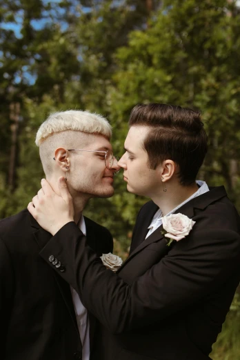 a couple of men standing next to each other, ivory pale skin, kissing each other, albino hair, instagram photo
