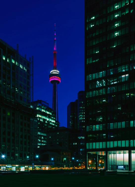 a city at night with the cn tower in the background, by Doug Ohlson, visual art, slide show, stacked image, profile image, professionally color graded