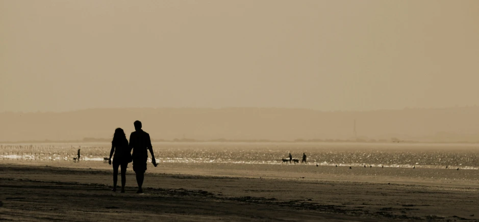 a couple of people that are walking on a beach, a picture, by Eglon van der Neer, sepia colors, silhouette :7, one man, beaches