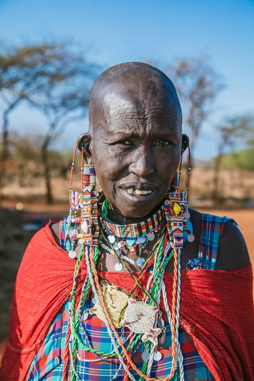 a close up of a person wearing a necklace, by Daniel Lieske, pexels contest winner, on the african plains, wearing ornate earrings, slightly smiling, loin cloth