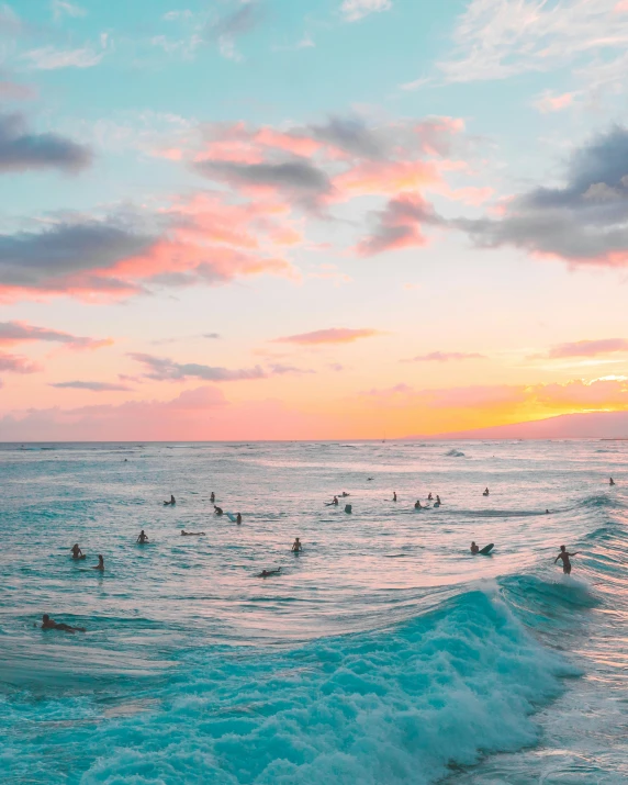 a group of people swimming in the ocean at sunset, by Robbie Trevino, pexels contest winner, pink and blue gradients, waikiki beach, sea of milk, thumbnail