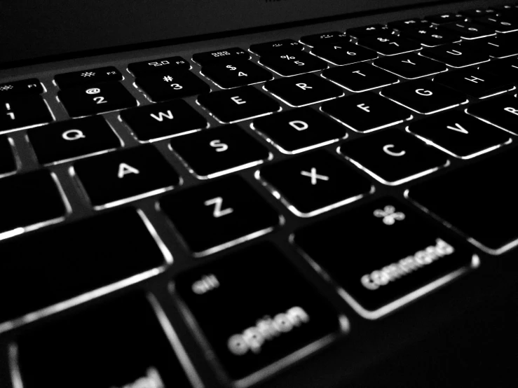 a black and white photo of a laptop keyboard, by Tom Carapic, pixabay, night. by greg rutkowski, apple, black neon lights, sleek spines