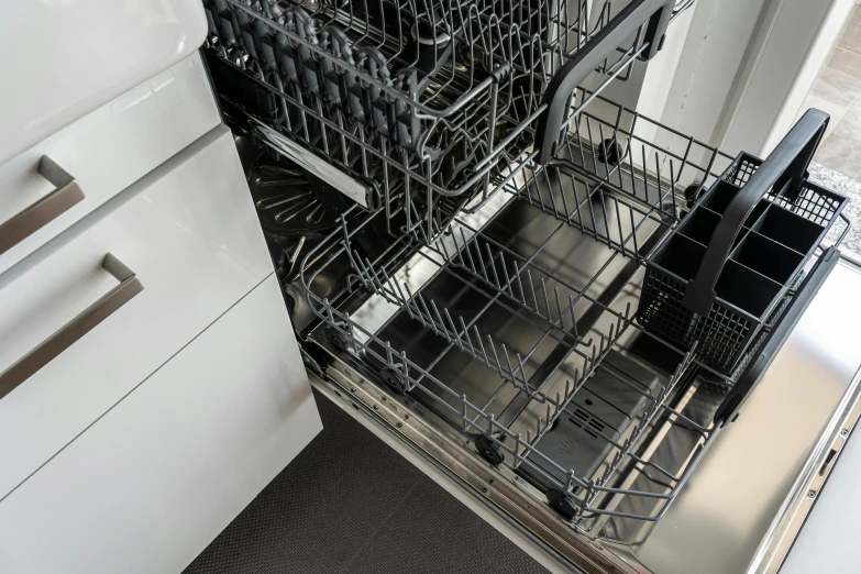 a close up of a dishwasher in a kitchen, by Daniel Gelon, blue print, no logo, fan favorite, high view