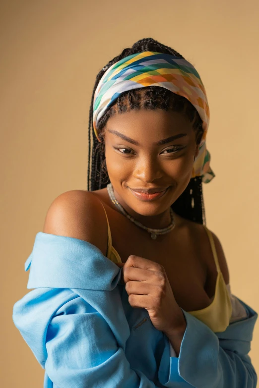 a beautiful young woman posing for a picture, inspired by Ras Akyem, trending on pexels, renaissance, brightly colored, promo image, actress, soft shade