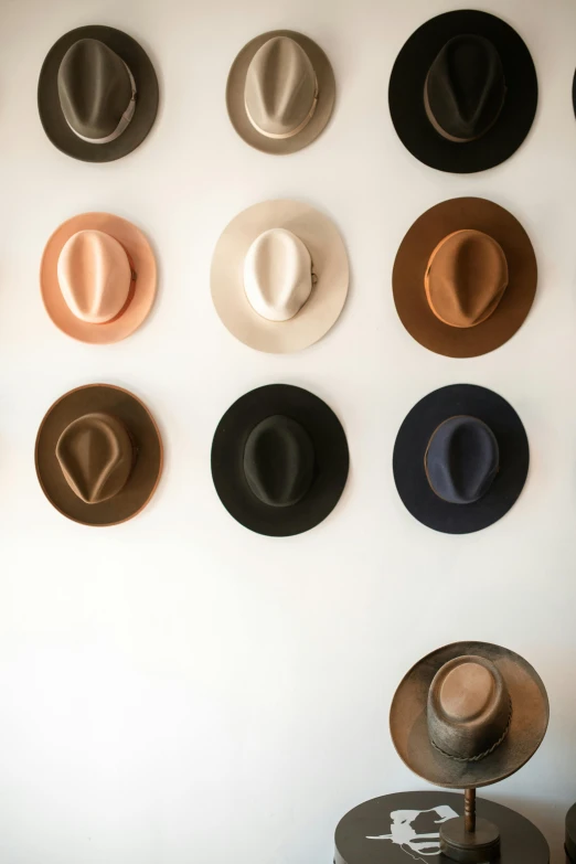 a wall that has a bunch of hats on it, by Jessie Algie, trending on pexels, peter hurley, warm shading, product introduction photo, from the front