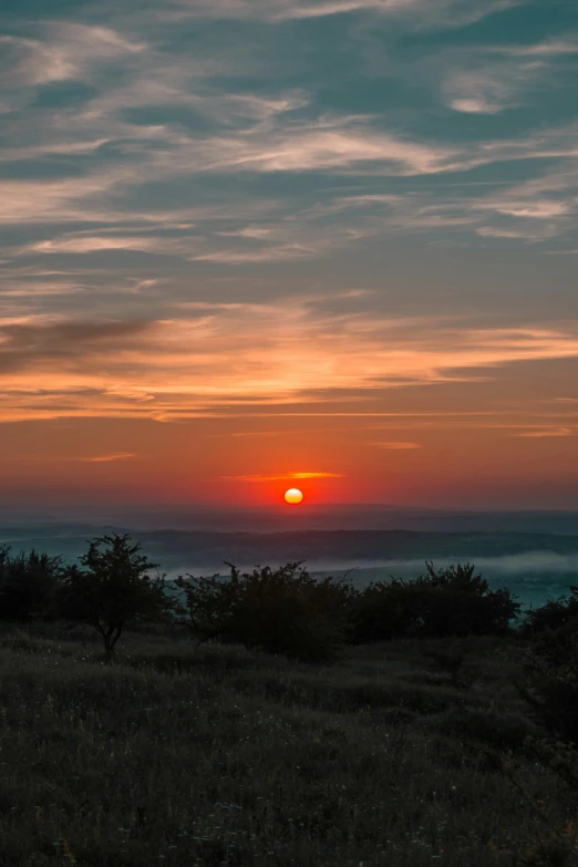 the sun is setting on the horizon of the ocean, by Sebastian Spreng, pexels contest winner, romanticism, bushveld background, on top of a hill, morning haze, high quality photo