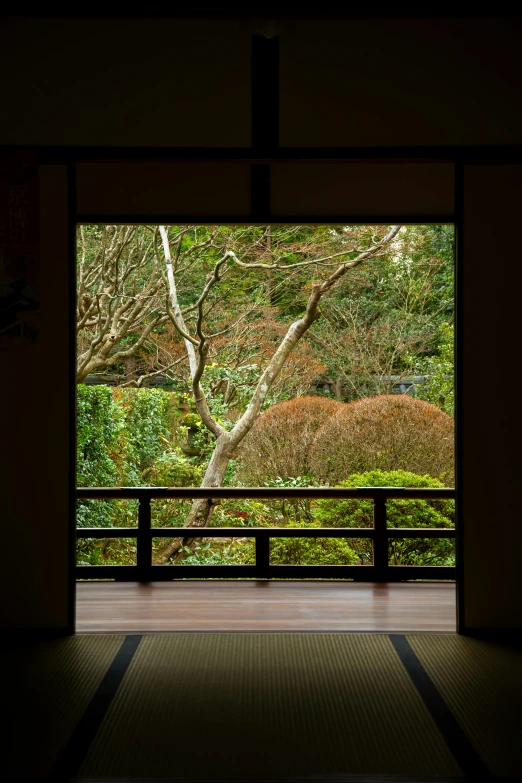 a view of a garden through a window, a picture, inspired by Sesshū Tōyō, slide show, trees. wide view, doorway, zoomed out view