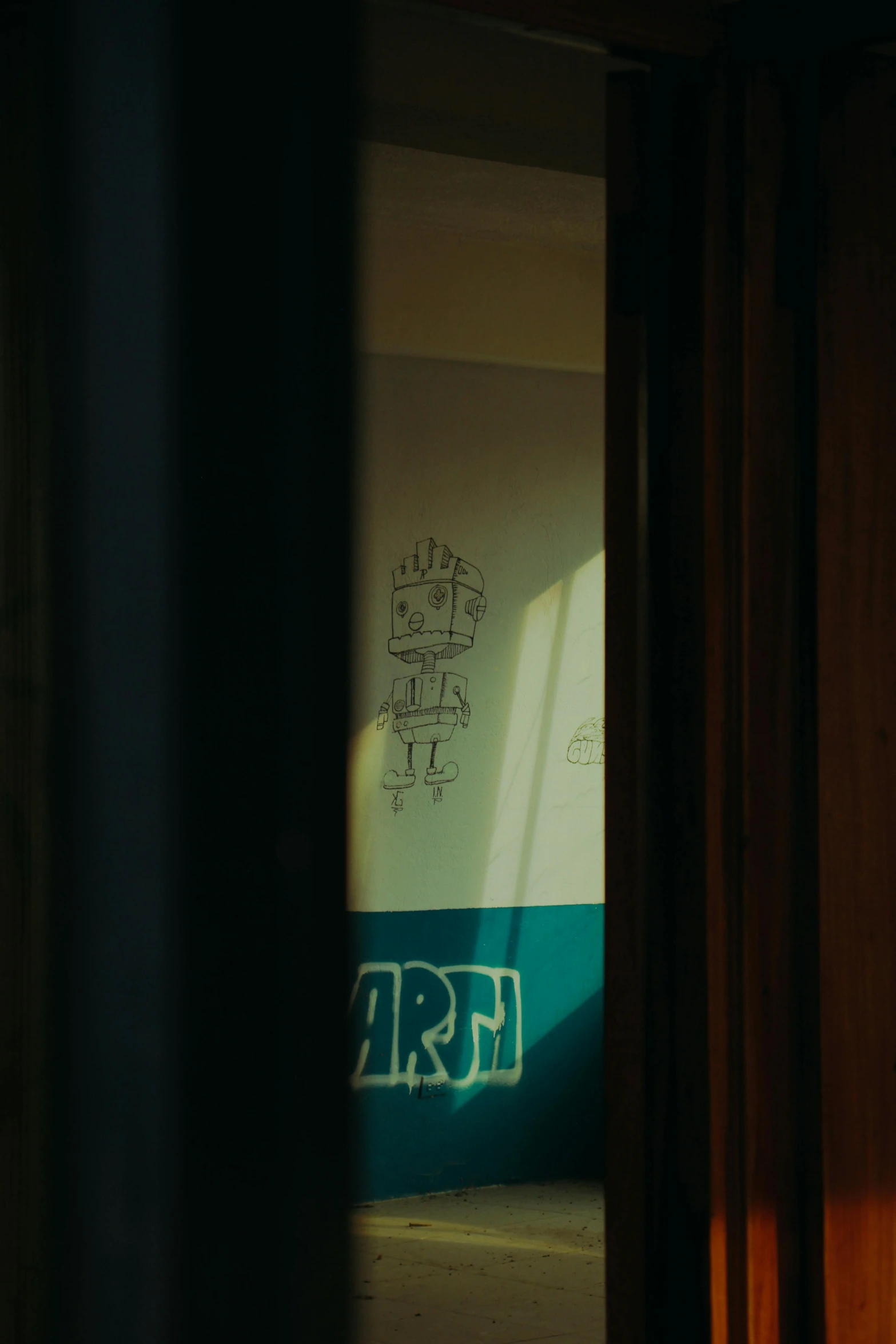 a bathroom that has a toilet in it, poster art, inspired by Liam Wong, unsplash, graffiti, about to enter doorframe, close-up portrait film still, ((robot)), early morning