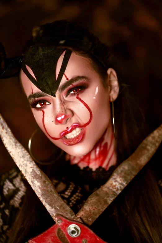 a close up of a person holding a pair of scissors, an album cover, inspired by Taro Yamamoto, gothic art, unreal engine : : rave makeup, soft devil queen madison beer, human dressed as a bull, female vampire warrior
