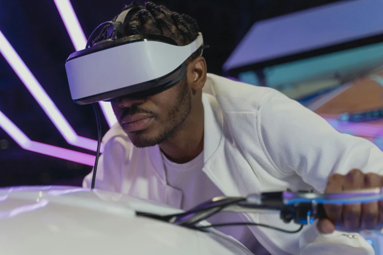 a man wearing a virtual reality headset, pexels contest winner, afrofuturism, futuristic casino, like a cyberpunk workshop, full shot, thumbnail