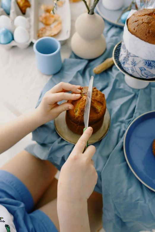 a person cutting a cake on a table, a still life, trending on pexels, dipped in polished blue ceramic, stitching, family friendly, cutlery