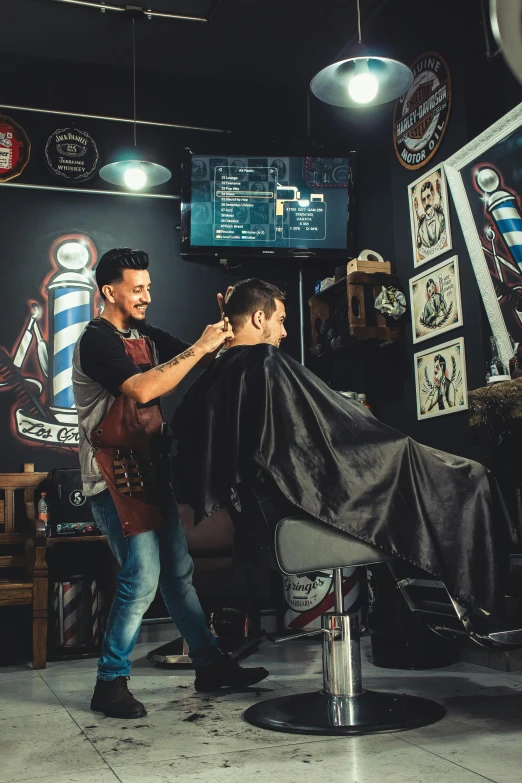 a man getting a haircut in a barber shop, trending on pexels, two buddies sitting in a room, dark backdrop, cartoonish, aztec hair