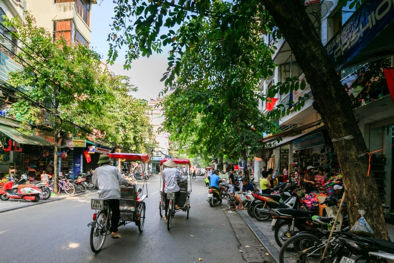 a group of people riding bikes down a street, dao trong le, lush surroundings, city views, profile image