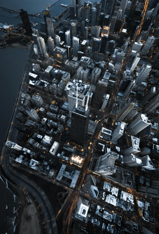 an aerial view of a city at night, by Dan Christensen, pexels contest winner, digital art, tall structures, city morning, high angle close up shot, 3 d city