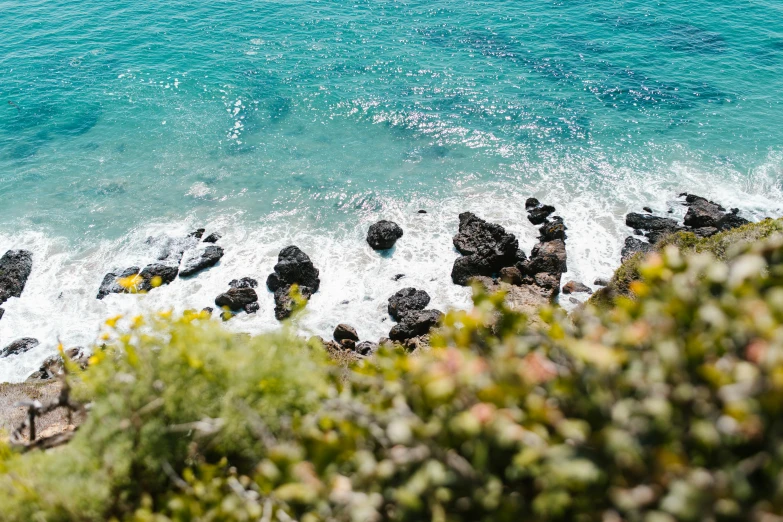 a view of the ocean from the top of a hill, by Lee Loughridge, unsplash, happening, turquoise water, lush flora, marbella, rocks